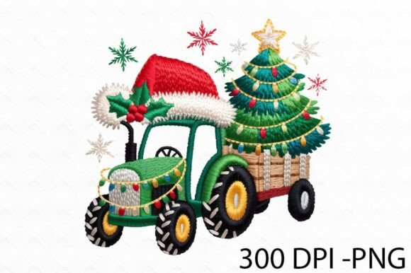 Christmas Tractor with Christmas Tree Illustrations