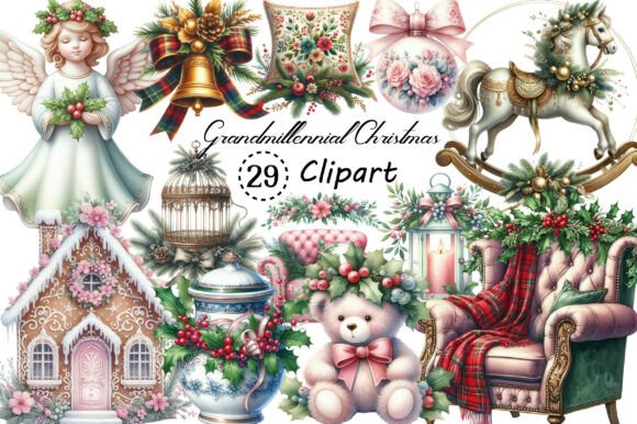 Grandmillennial Christmas Clipart & Illustrations