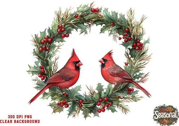 Twin Cardinals Christmas Wreath Clipart & Illustrations