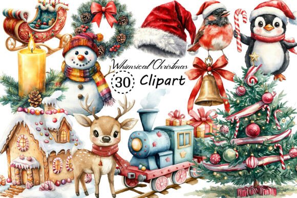 Watercolor Whimsical Christmas Clipart & Illustrations